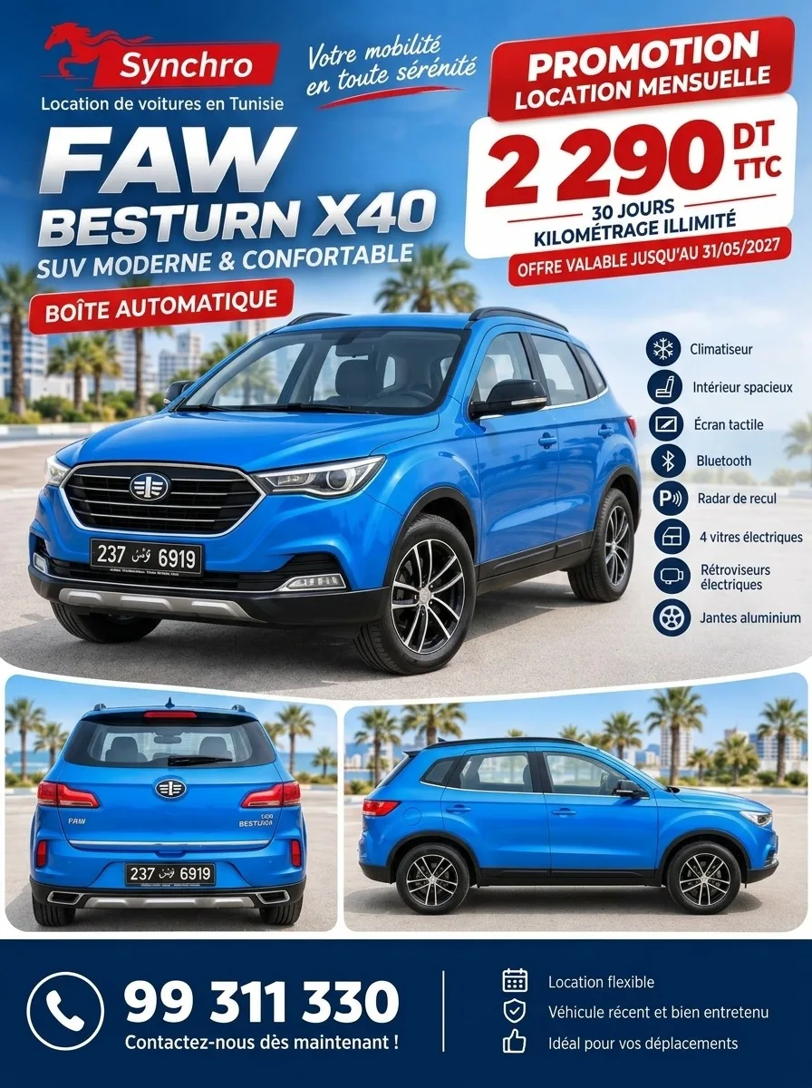 Location FAW Besturn X40 Automatique – SUV en Tunisie | Synchro