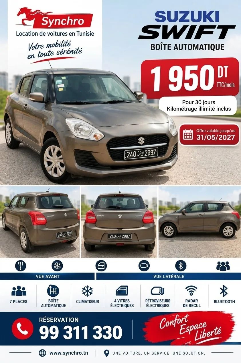 Location Suzuki Swift Automatique en Tunisie – 1 950 DT / Mois | Synchro