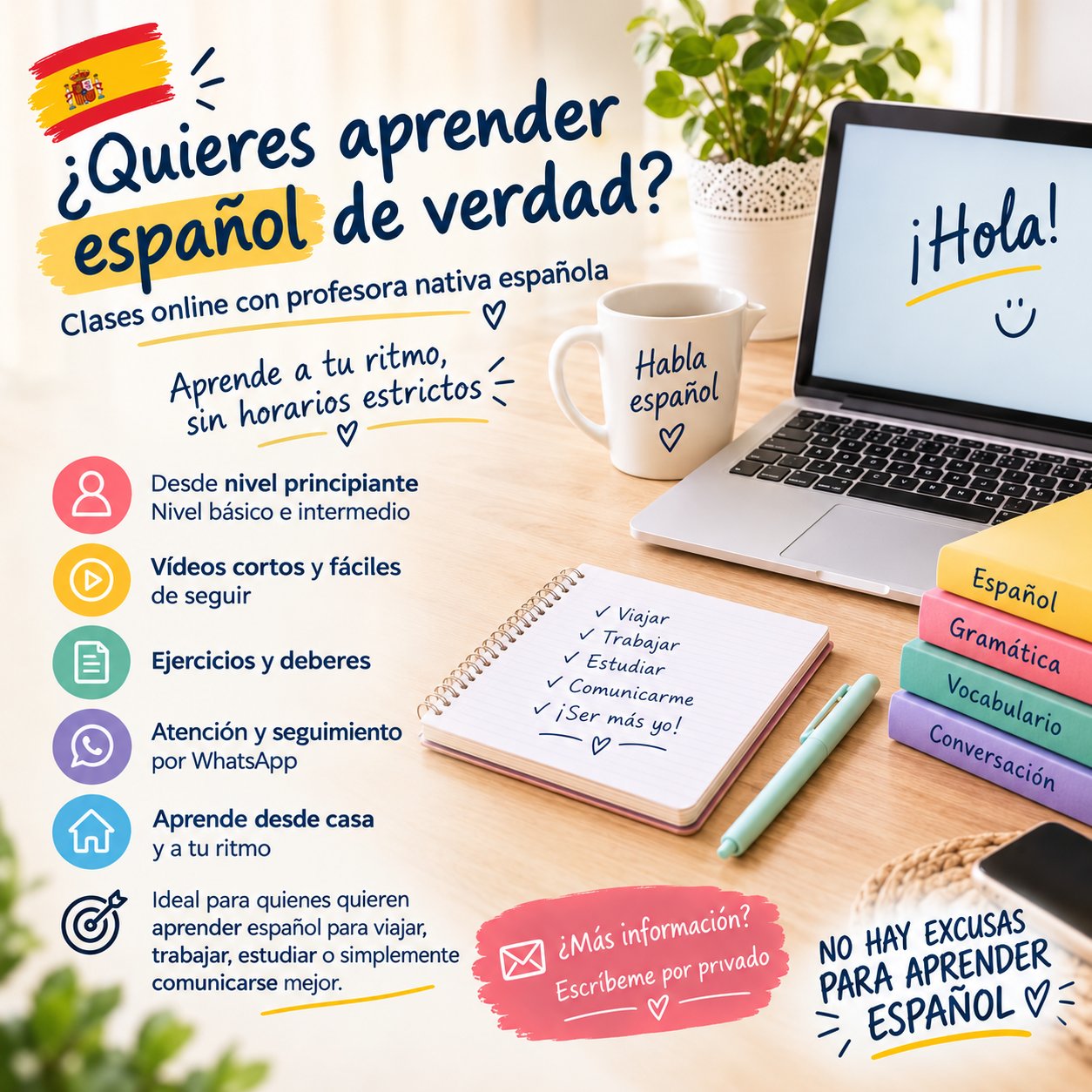 Je donne des cours d'espagnol en ligne pour adultes et enfants, horaires flexibles
